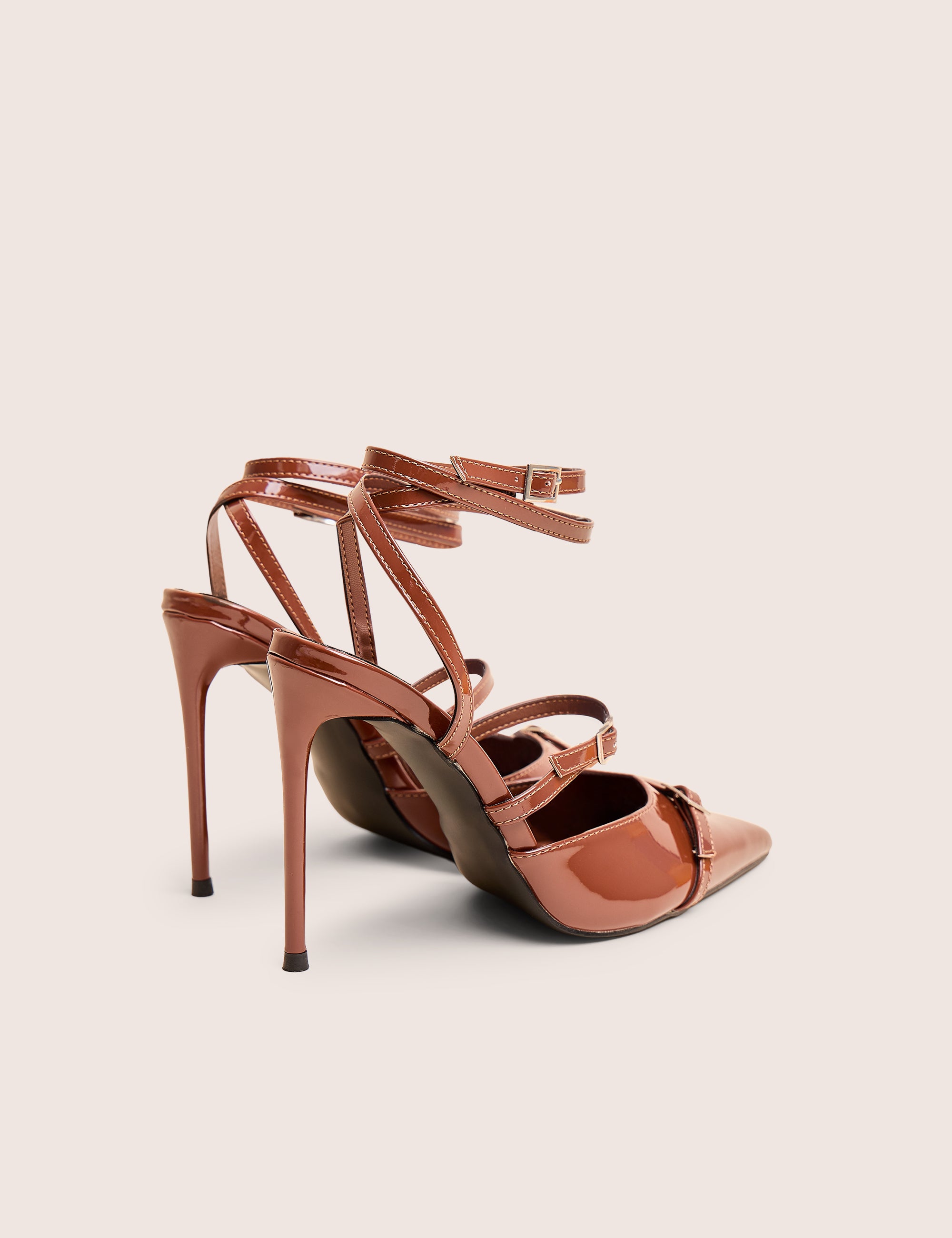 Viper Chocolate Three Strap Buckle Detail Court Heels | Public Desire