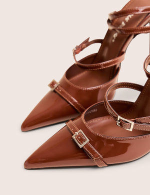 Viper Chocolate Three Strap Buckle Detail Court Heels