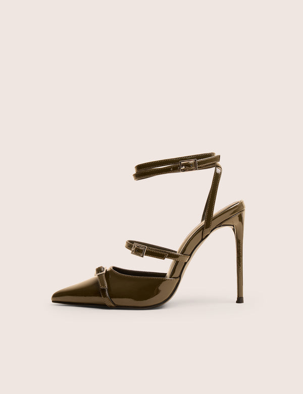 Viper Green Patent Three Strap Buckle Detail Court Heels