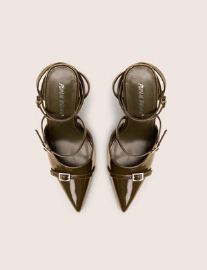 Viper Green Patent Three Strap Buckle Detail Court Heels