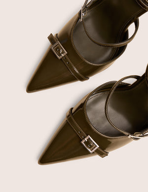 Viper Green Patent Three Strap Buckle Detail Court Heels