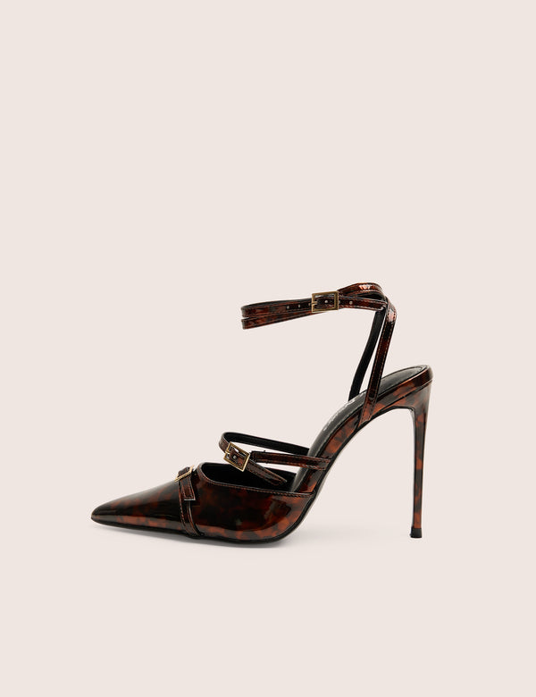 Viper Tortoise Print Three Strap Buckle Detail Court Heels