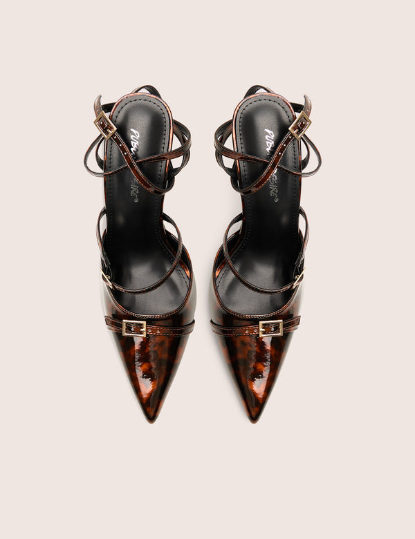 Viper Tortoise Print Three Strap Buckle Detail Court Heels