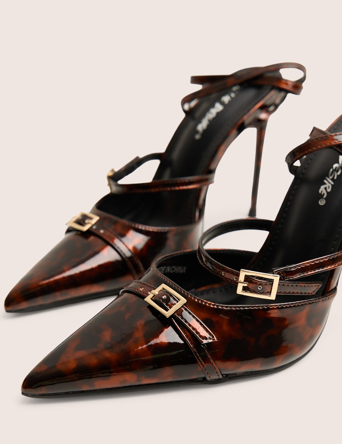 Tortoise Shell Pattern Heels Viper Tortiose Print Three Strap Buckle Detail Court Heels | Public Desire