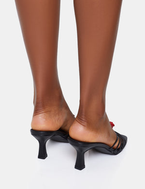 Vertigo Black PU Flower Detail Strappy Mid Heel Mules