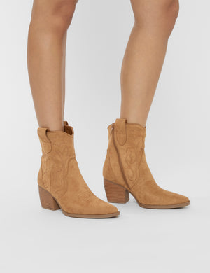 Wild West Tan Suedette Western Cowboy Low Ankle Boots