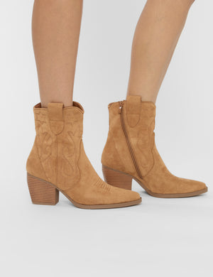 Wild West Tan Suedette Western Cowboy Low Ankle Boots