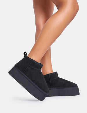 Willow Black Faux Suede Ultra Mini Ankle Triple Platform Boots