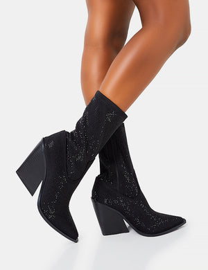 Wild One Black Diamante Western Cowboy Pointed Toe Block Heel Ankle Boots