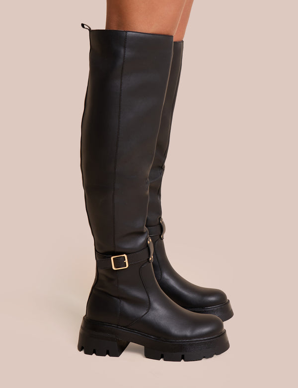 Zelda Black Pocket and Zip Detail Over the Knee Boots
