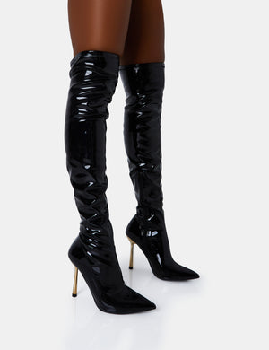 Zhenya Black Patent Pointed Toe Gold Contrast Stiletto Over The Knee Boots