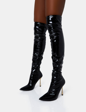 Zhenya Black Patent Pointed Toe Gold Contrast Stiletto Over The Knee Boots