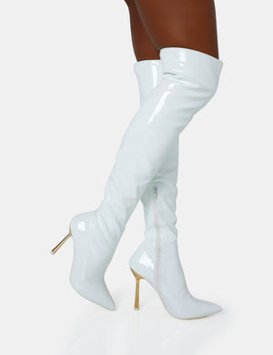 Zhenya White Patent Pointed Toe Gold Contrast Stiletto Over The Knee Boots