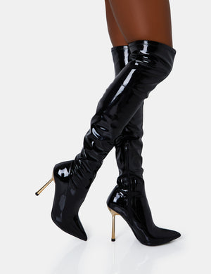 Zhenya Black Patent Pointed Toe Gold Contrast Stiletto Over The Knee Boots