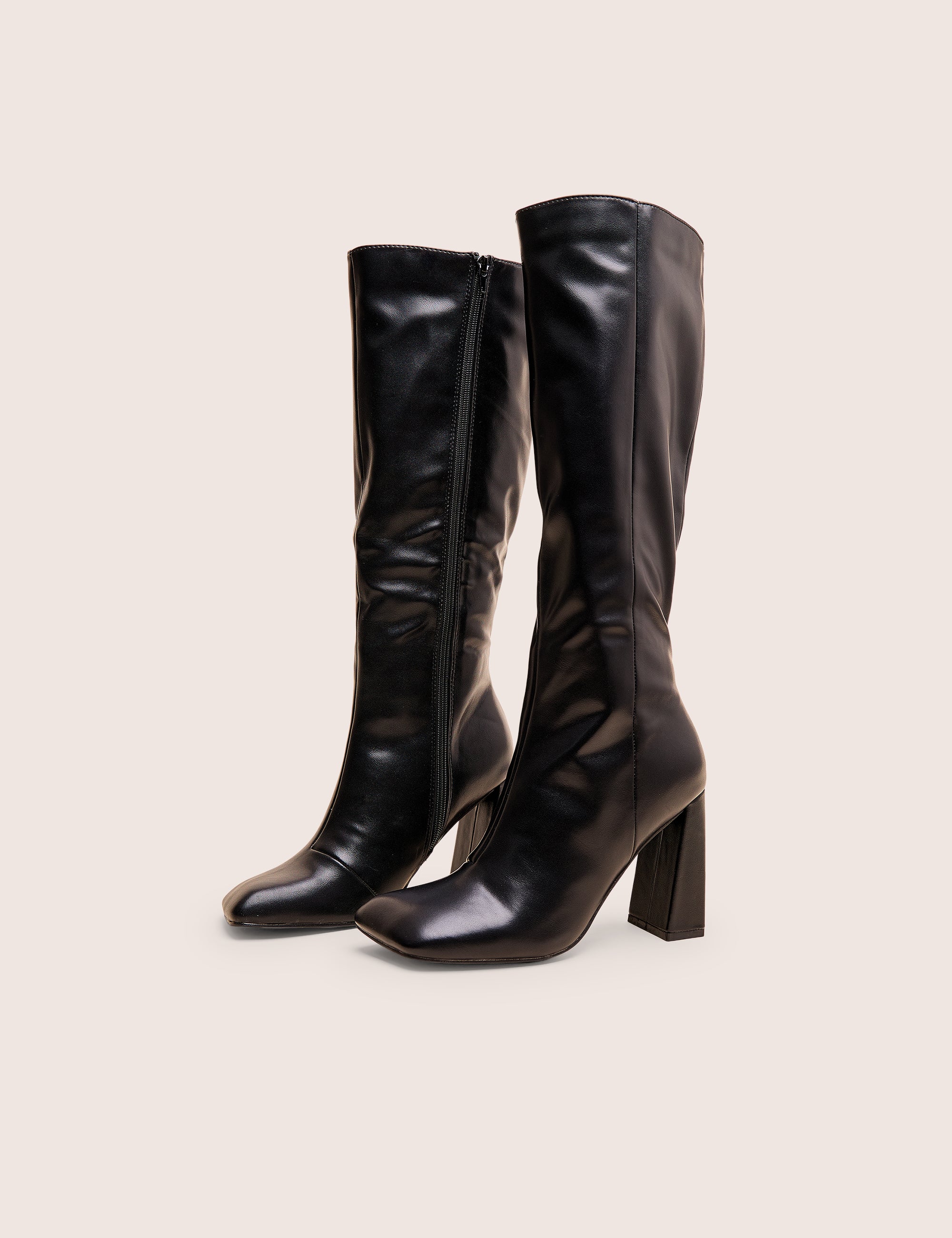 Zoya Black Slanted Toe Block Heel Knee High Sock Boots | Public Desire