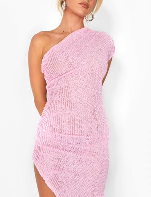 One Shoulder Textured Split Detail Midaxi Dress Pink
