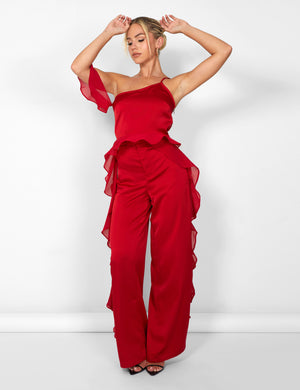 Kaiia Chiffon Ruffle Wide Leg Trouser in Red