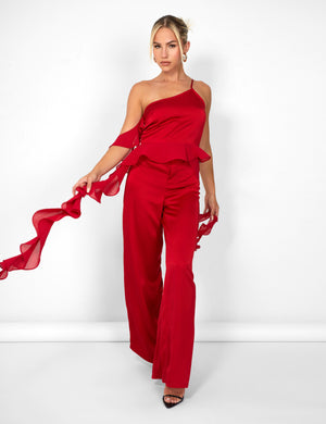 Kaiia Chiffon Ruffle Wide Leg Trouser in Red