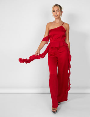 Kaiia Chiffon Ruffle Wide Leg Trouser in Red