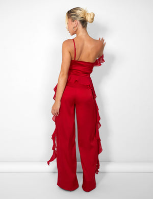 Kaiia Chiffon Ruffle Wide Leg Trouser in Red