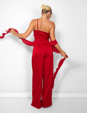 Kaiia Chiffon Ruffle Wide Leg Trouser in Red