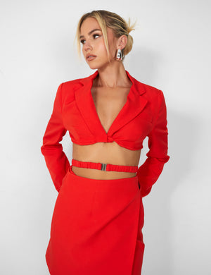 Kaiia Wrap Waist Mini Blazer Dress in Red