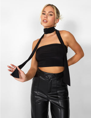 Kaiia Slinky Bandeau Top With Skinny Scarf in Black