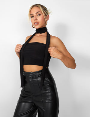 Kaiia Slinky Bandeau Top With Skinny Scarf in Black