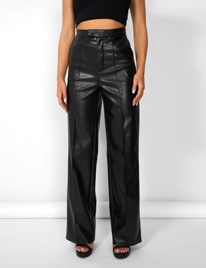 Kaiia Leather Look Wide Leg Trousers in Black