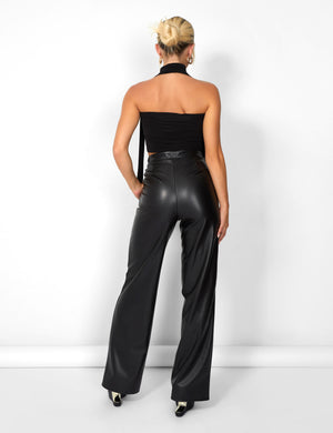 Kaiia Leather Look Wide Leg Trousers in Black