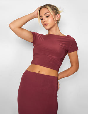 Kaiia Slinky Low Back Top Co-ord in Burgundy