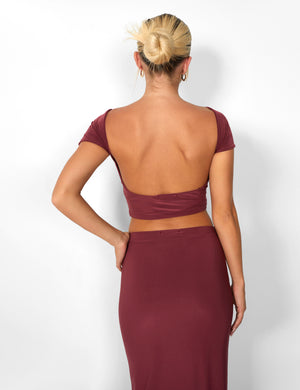 Kaiia Slinky Low Back Top Co-ord in Burgundy