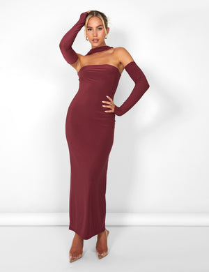 Kaiia Slinky Choker Bodycon Midi Dress in Burgundy