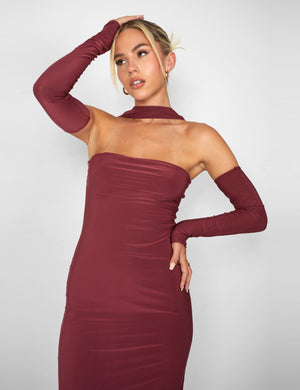 Kaiia Slinky Choker Bodycon Midi Dress in Burgundy