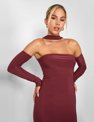 Kaiia Slinky Choker Bodycon Midi Dress in Burgundy