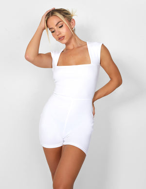 Square Neck Ribbed Playsuit White