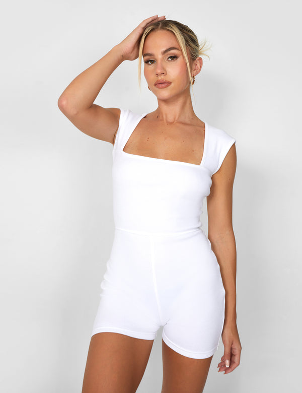 Square Neck Ribbed Playsuit White