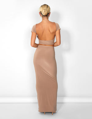 Kaiia Low Back Slinky Crop Top Co-ord in Taupe