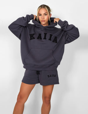 Kaiia Slogan Oversized Hoodie Dark Grey