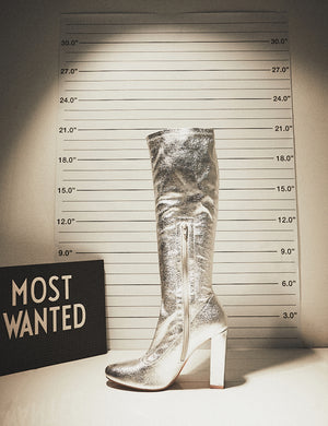 Christina Silver Grain Pointed Toe Block Heel Knee High Boots