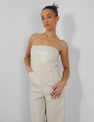 Bandeau Tailored Wide Leg Jumpsuit Stone