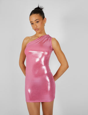 One Shoulder Ruched Metallic Mini Dress Pink