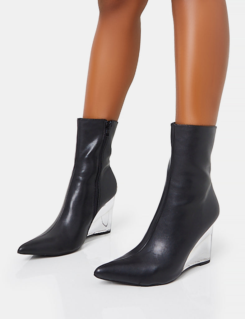 Ohio Black Pu Perspex Wedge Pointed Toe Ankle Boots | Public Desire