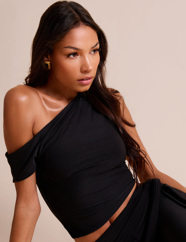 Asymmetric One Shoulder Luxe Slinky Top Black