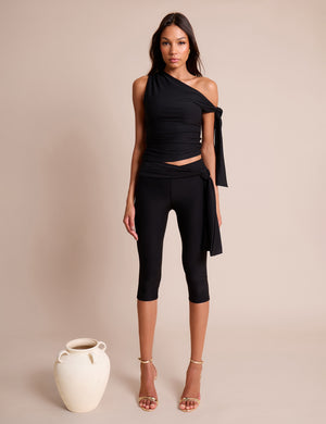 Knot Detail Asymmetric One Shoulder Luxe Slinky Top Black