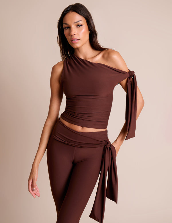 Knot Detail Asymmetric One Shoulder Luxe Slinky Top Chocolate