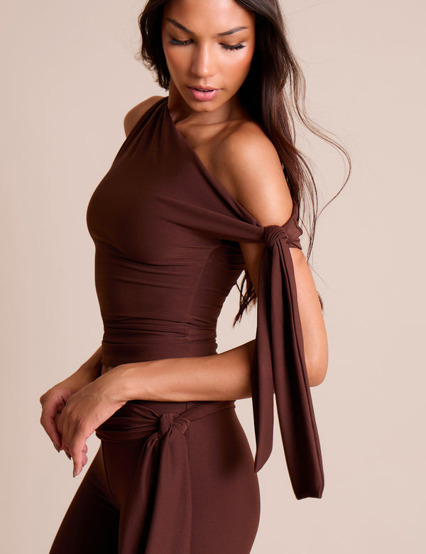 Knot Detail Asymmetric One Shoulder Luxe Slinky Top Chocolate