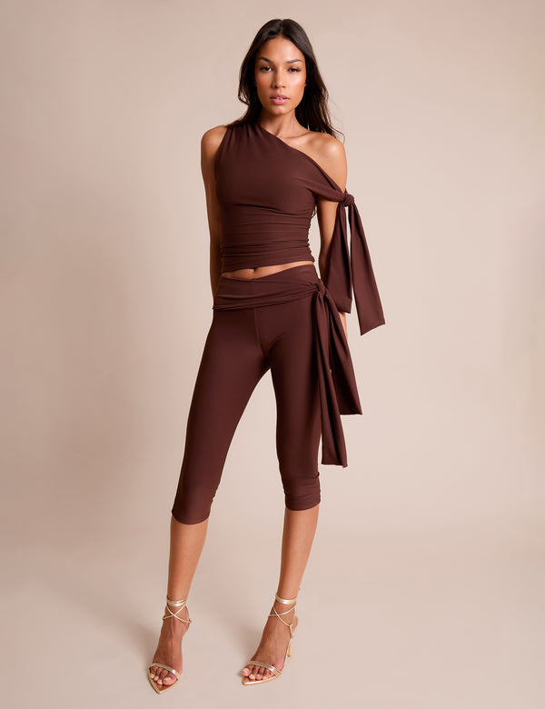 Knot Detail Asymmetric One Shoulder Luxe Slinky Top Chocolate