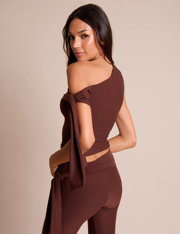 Knot Detail Asymmetric One Shoulder Luxe Slinky Top Chocolate