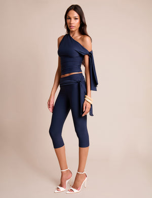 Knot Detail Asymmetric One Shoulder Luxe Slinky Top Navy